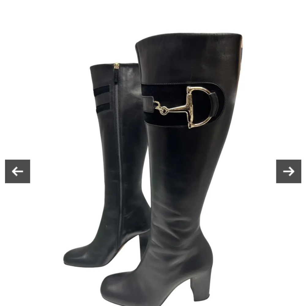 Authentic Gucci Black Horsebit Suede Heel Knee boots 217204 (38 C)